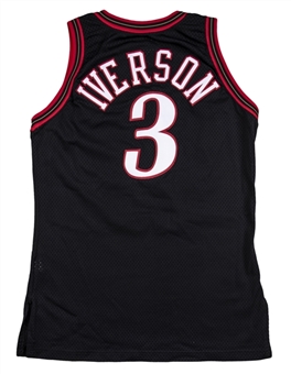 1997-98 Allen Iverson Game Used Philadelphia 76ers Black Alternate Jersey (76ers LOA) - Obtained Off Iversons Back By Sixers President Pat Croce